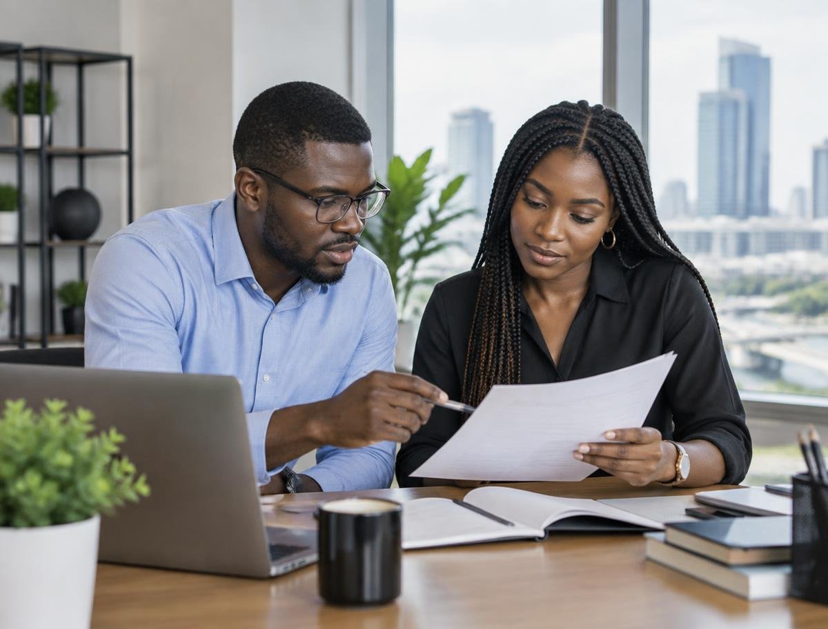 Two Nigerian professionals reviewing documents in an office