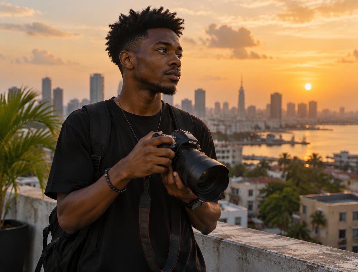 Nigerian photographer on a Lagos rooftop at sunset