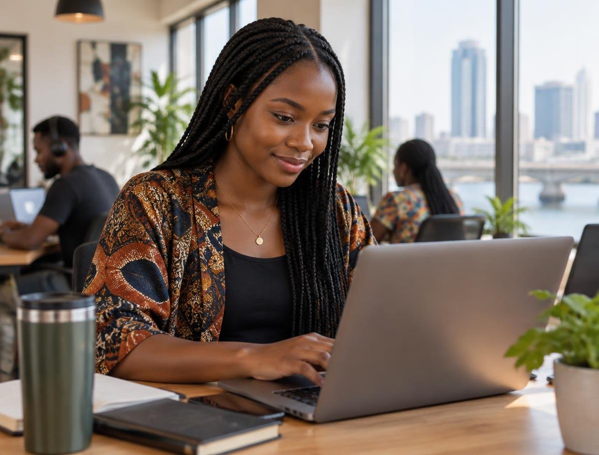 Nigerian designer working on a laptop in a Lagos workspace