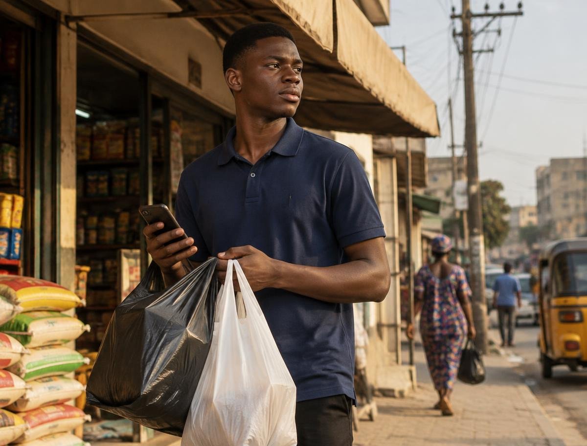 Errand provider with shopping bags on a Lagos street