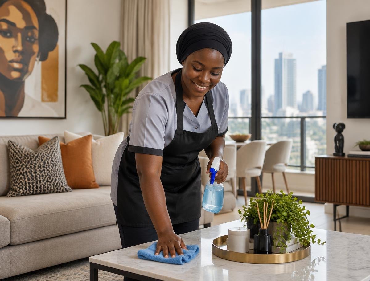 Home cleaning professional tidying a Lagos apartment
