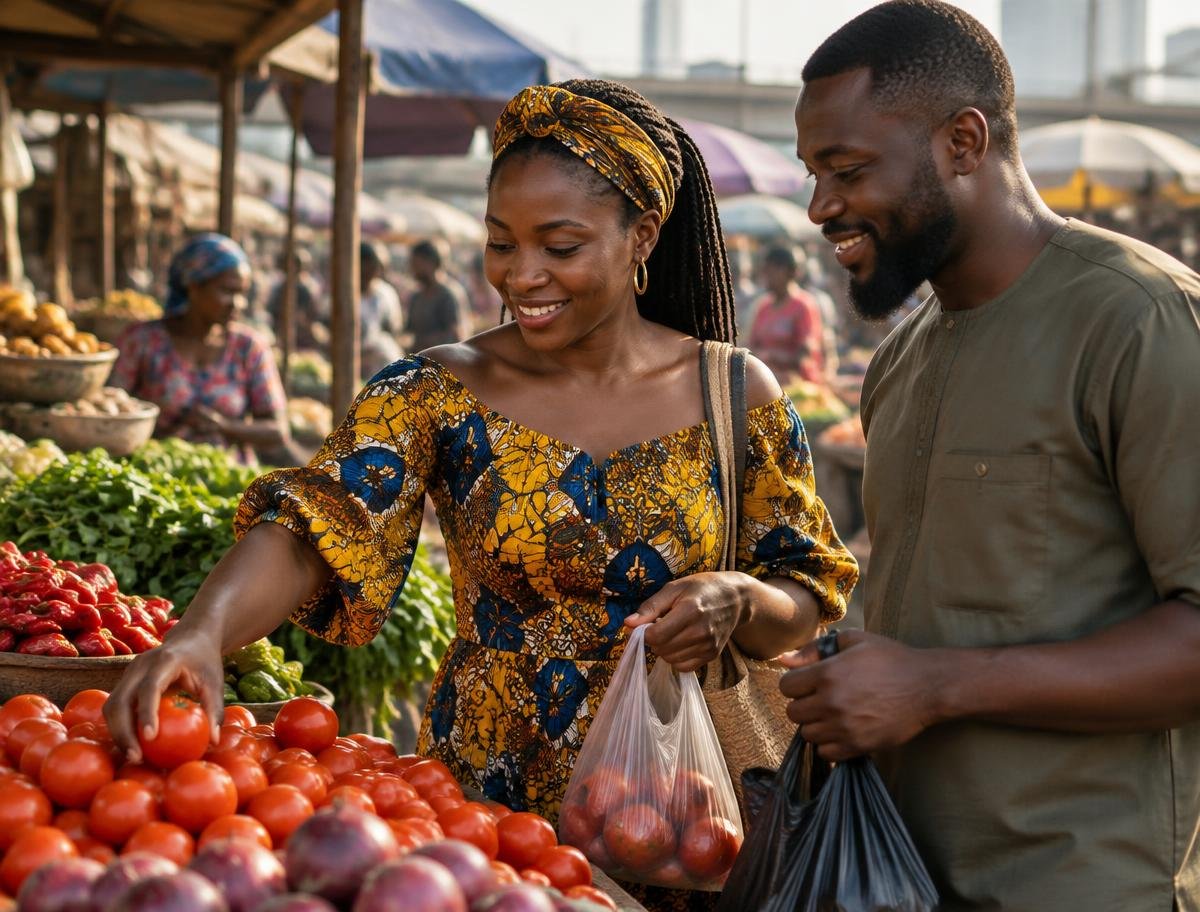 Shoppers choosing produce in a Lagos market