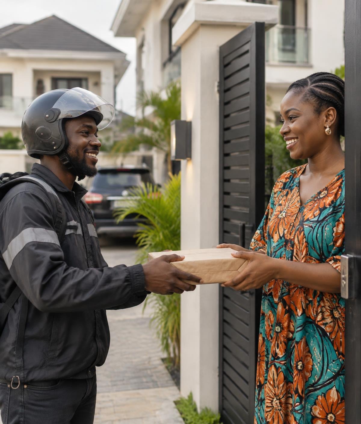 A Lagos customer receiving a package from a friendly WorkAbeg errand provider at her gate