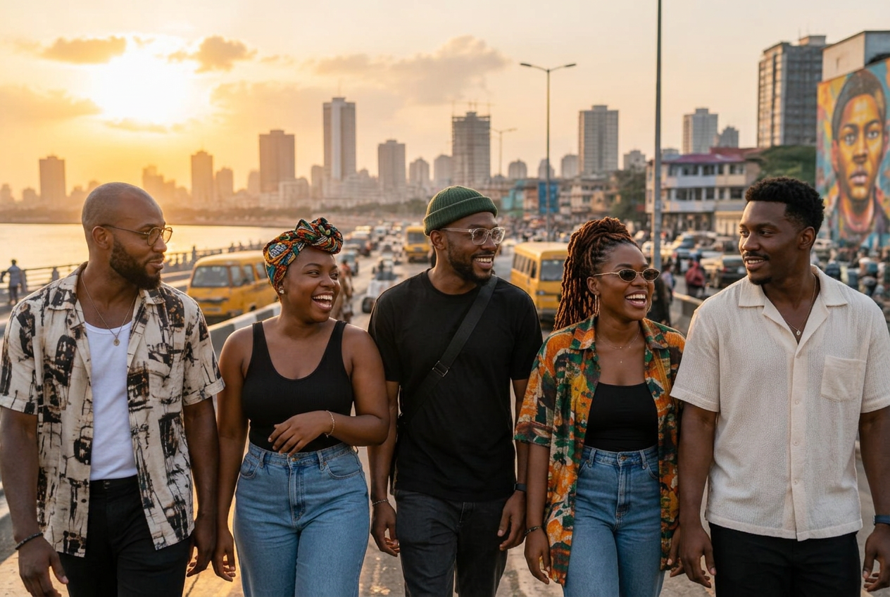 Young Nigerians walking together along the Lagos waterfront at sunset