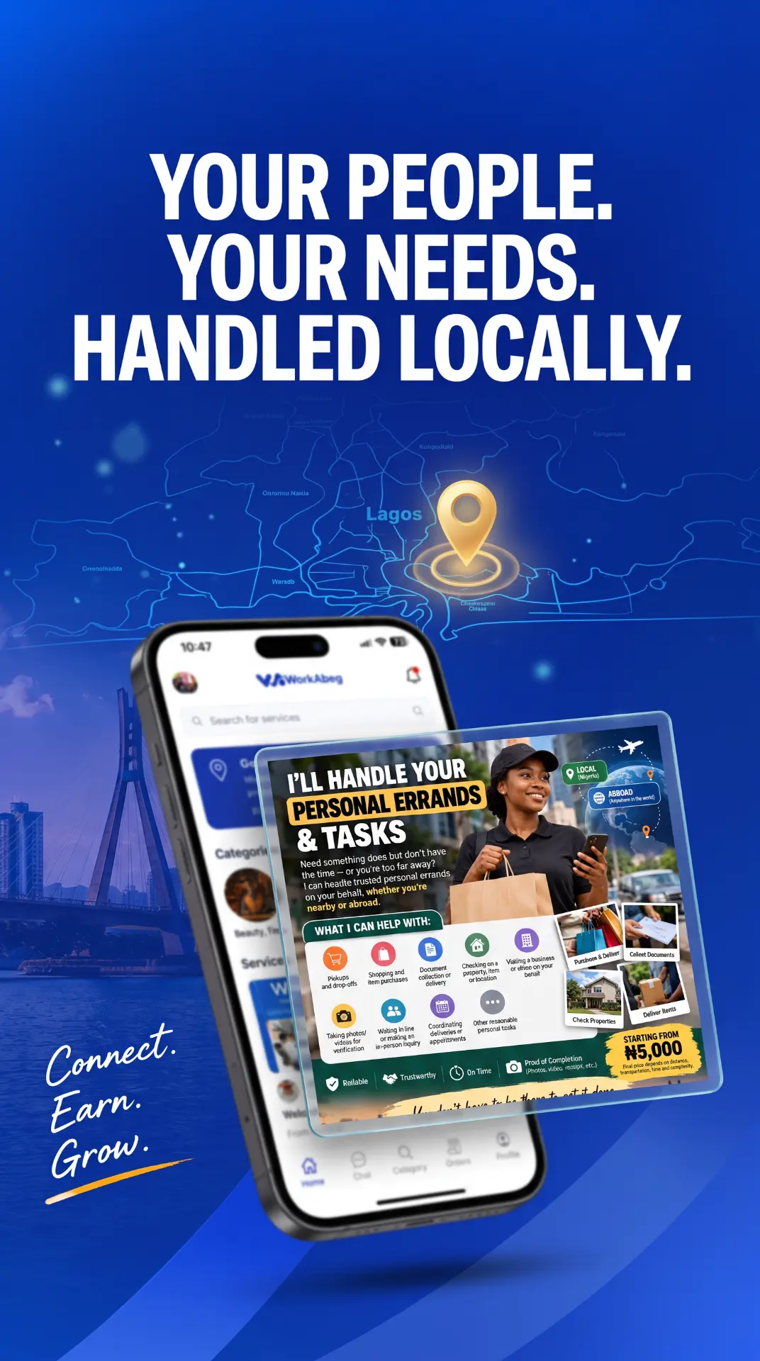 WorkAbeg app home screen with service categories