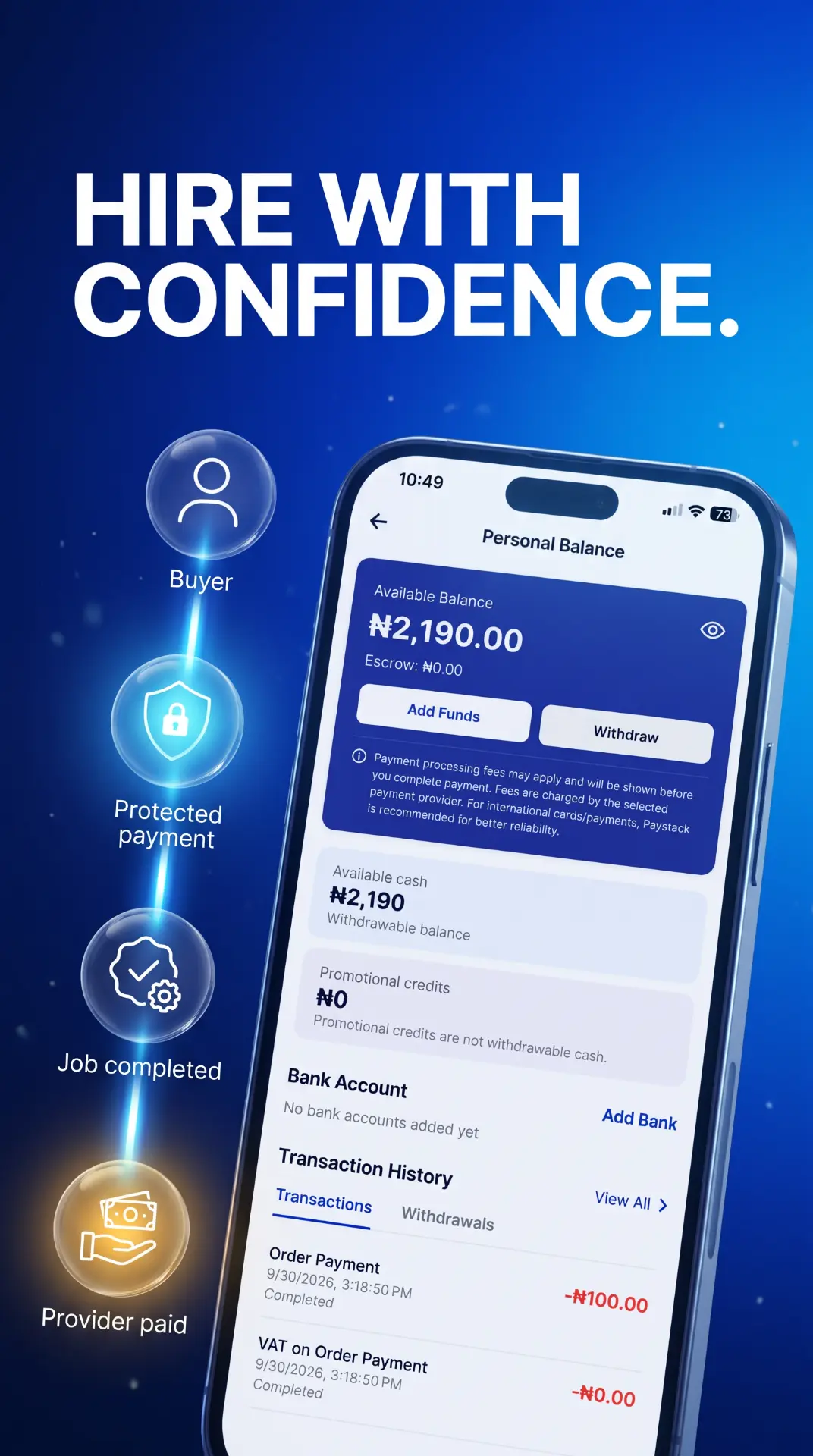 WorkAbeg app showing protected payment and wallet balance