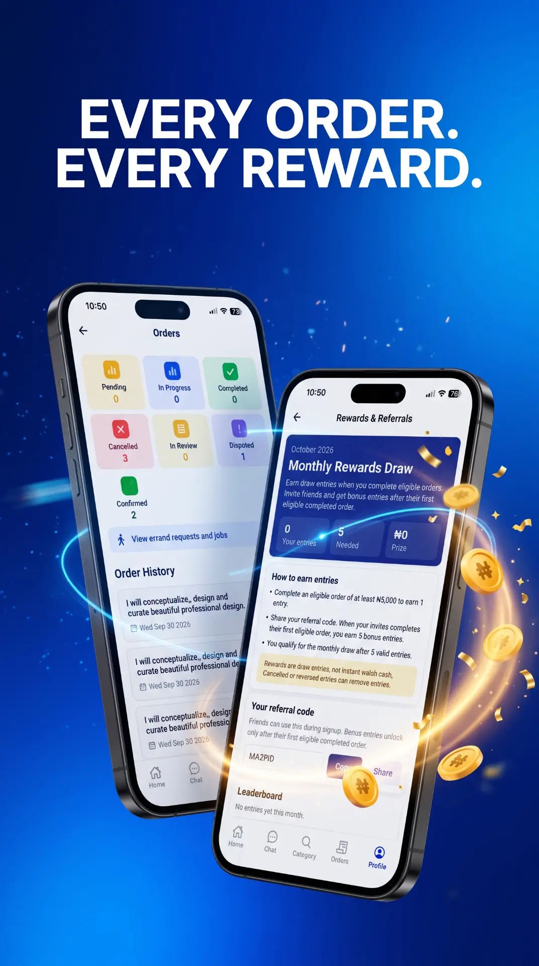 WorkAbeg app orders and rewards screens