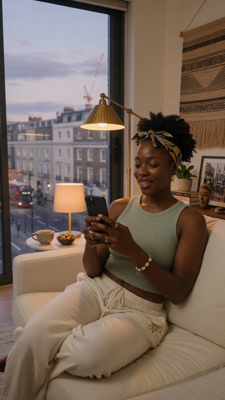 A Nigerian woman abroad using the WorkAbeg app from her living room at dusk