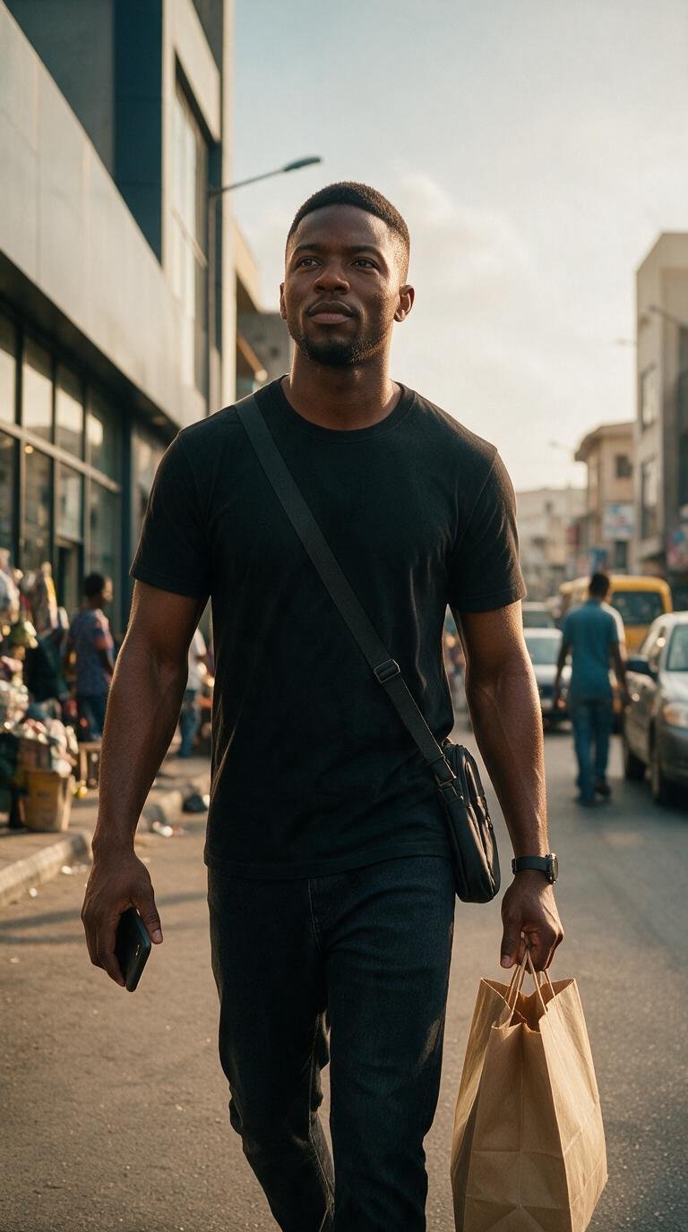 Young Nigerian errand provider walking through Lagos with a phone and shopping bag